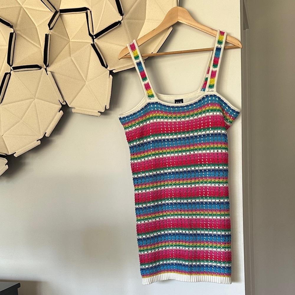 MWT Gap medium petite Women’s Crochet Mini Dress Multi Color Stripe Cotton Lined
